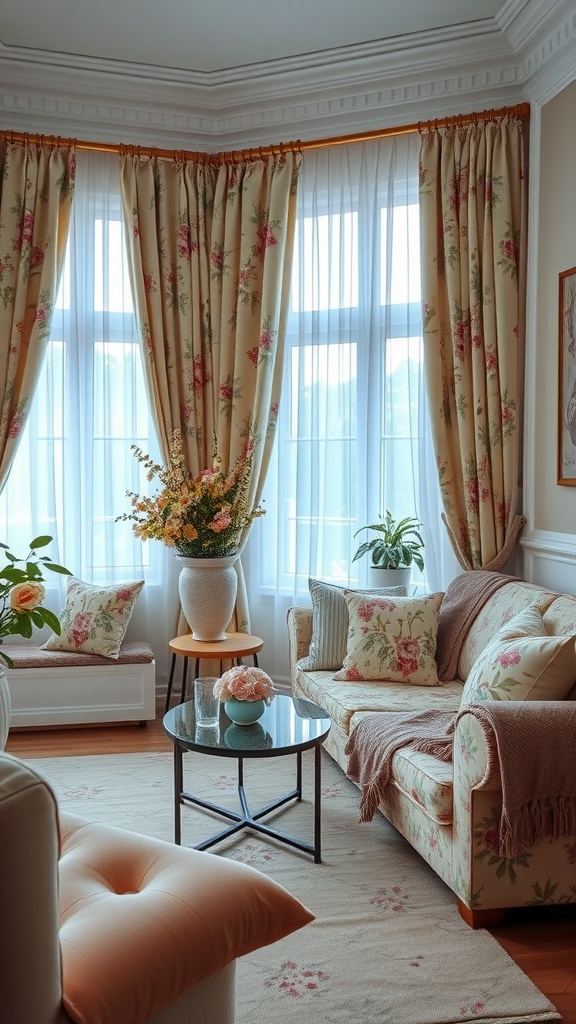 A cozy living room with floral patterned curtains and cushions, embodying the cottagecore aesthetic.