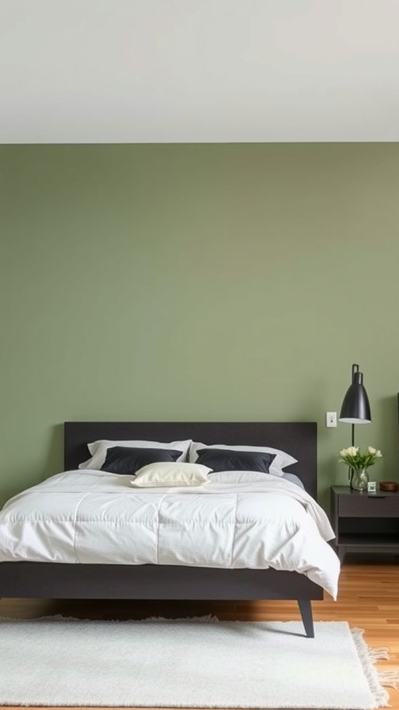 A bedroom with soft green walls, a dark bed frame, white bedding, and a stylish lamp.