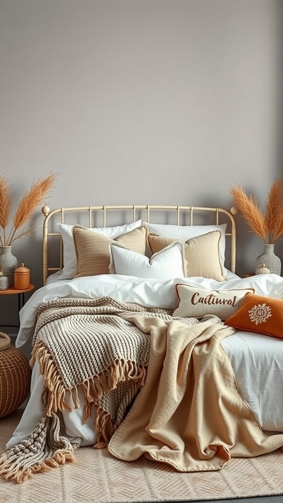 A cozy bedroom featuring soft grey walls and beige accents, including a bed with plush pillows and a knitted throw.