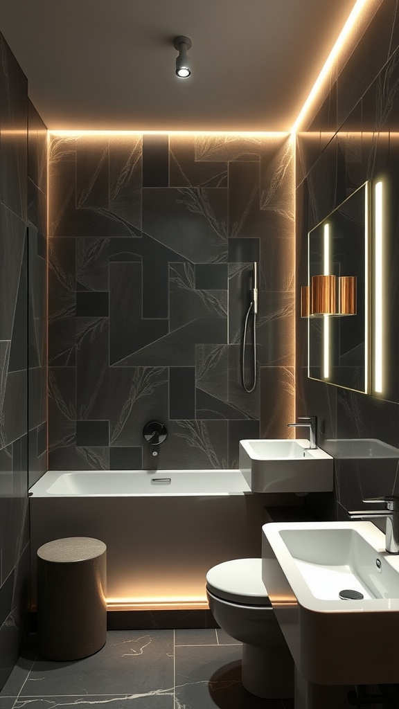 Modern bathroom featuring soft LED accent lighting along the walls and bathtub, creating a luxurious atmosphere.