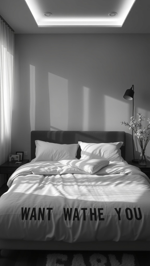 A black and white bedroom with soft lighting, featuring a neatly made bed and a stylish lamp.