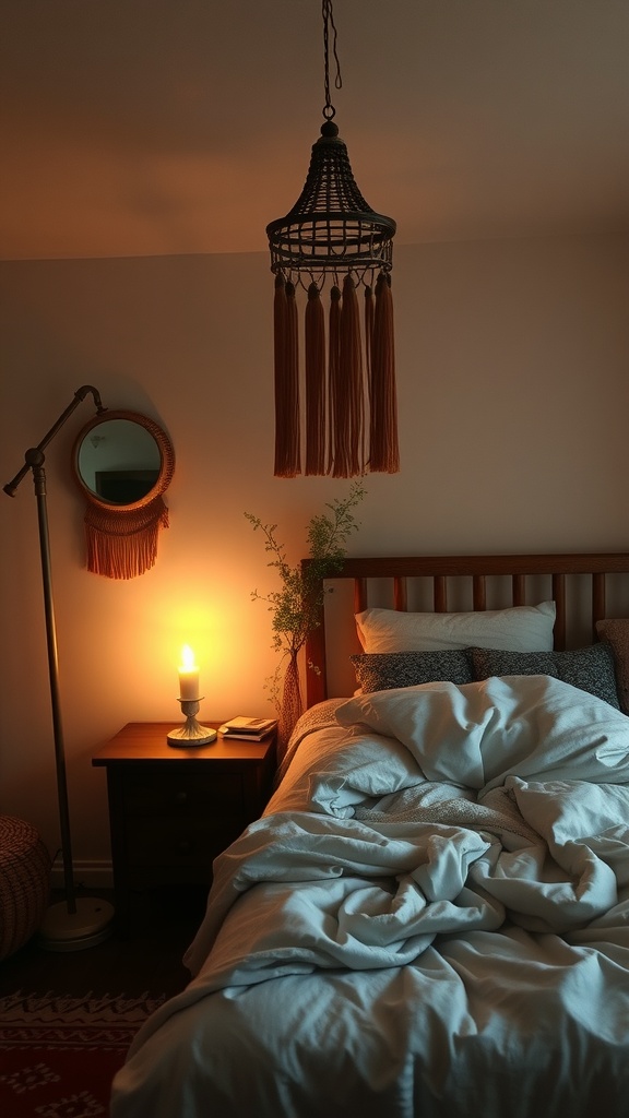 A cozy boho bedroom featuring soft lighting from a pendant lamp and a candle on the nightstand, with a messy bed and a plant in the background.