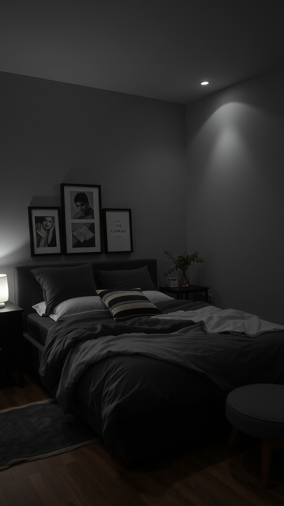 A grey and black bedroom with soft lighting from a bedside lamp and recessed lights, featuring framed artwork and a small plant.