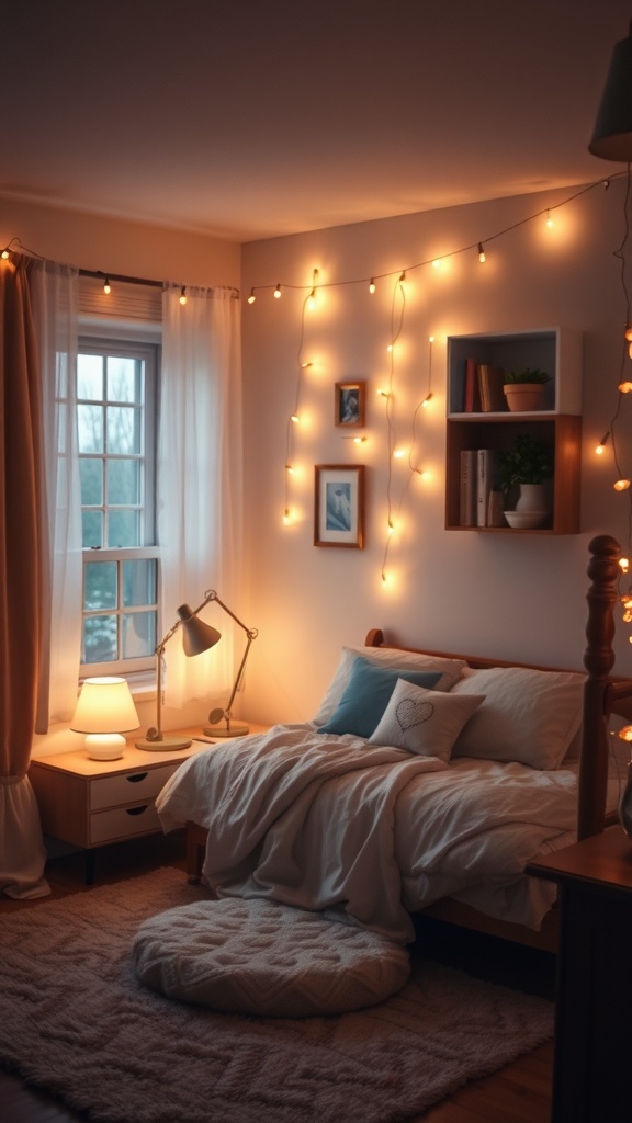 A cozy small bedroom featuring soft lighting with string lights, a bedside lamp, and warm decor.
