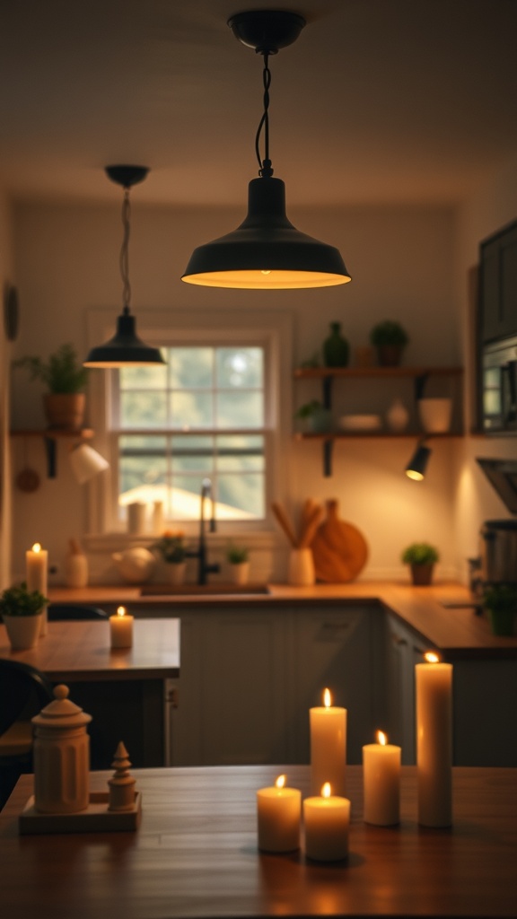 A cozy apartment kitchen with soft lighting, featuring pendant lights and candles on the counter.