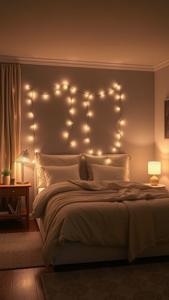 A cozy bedroom with soft lighting, featuring string lights on the wall and bedside lamps.