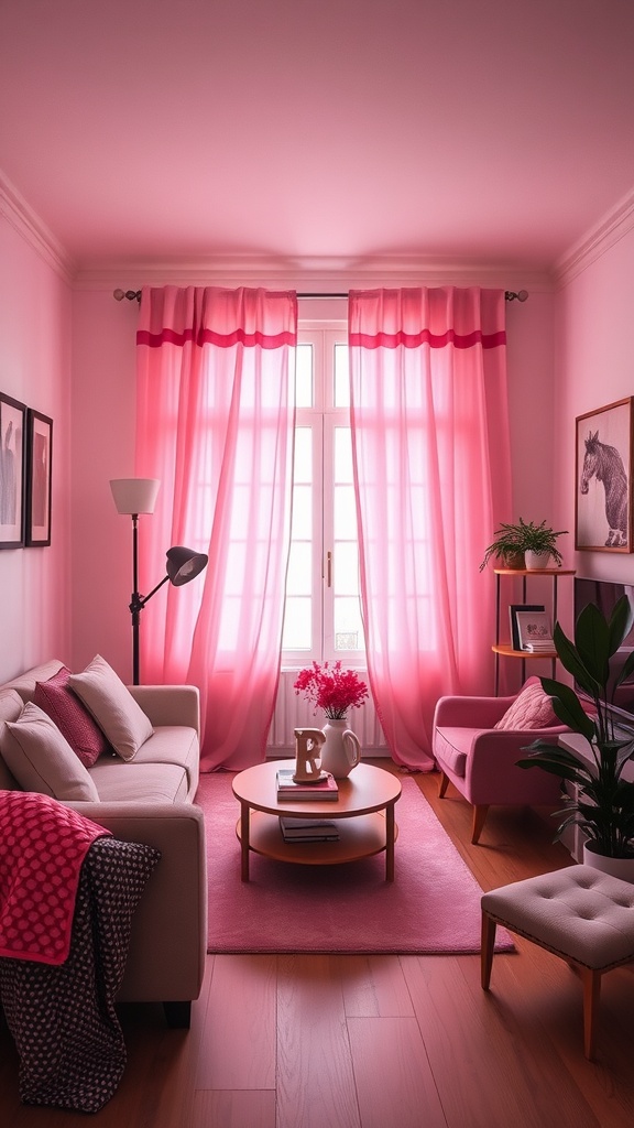 A cozy pink living room with soft lighting, featuring light pink curtains, a comfortable couch, and decorative plants.