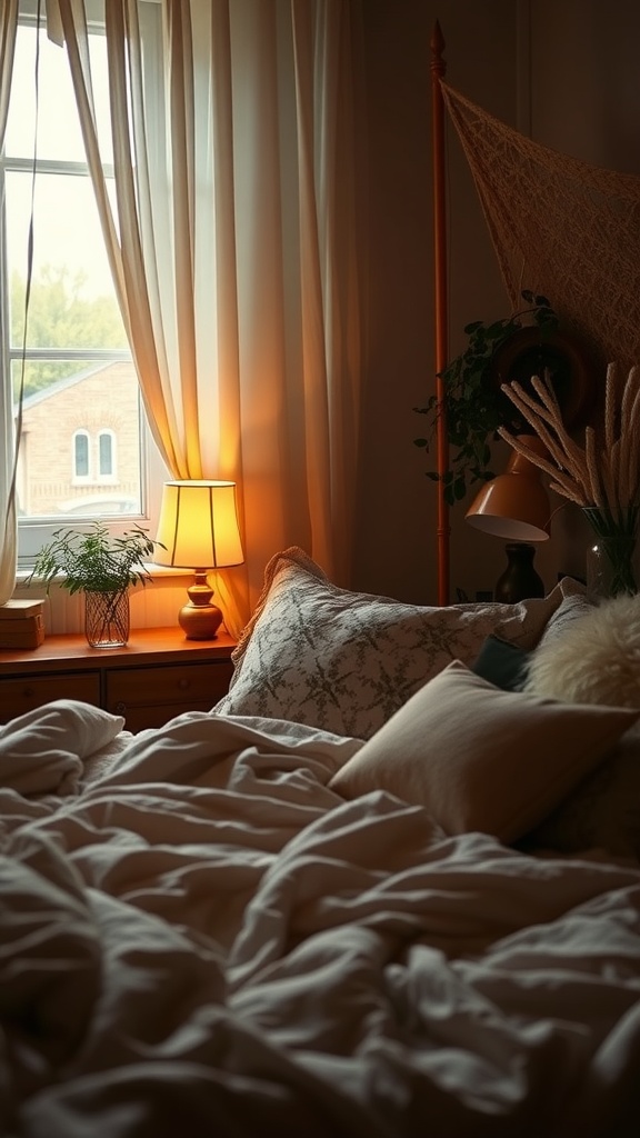 A cozy corner of a minimal boho bedroom featuring soft lighting, vintage lamp, and plush bedding.