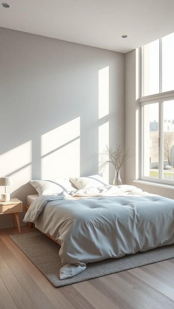 Minimalist gray bedroom with large windows and soft bedding