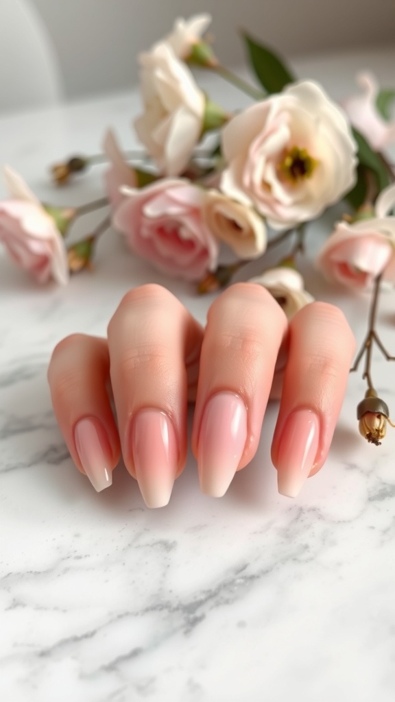 Soft pastel almond nails with flowers in the background.