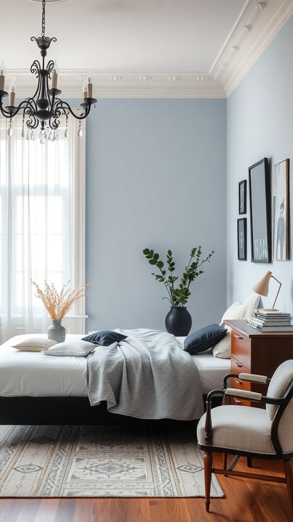 A stylish bedroom featuring soft pastel blue walls, a black bed frame, and elegant decor.