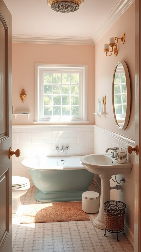 A vintage bathroom featuring soft pastel colors, including blush pink walls, a light green bathtub, and white fixtures.