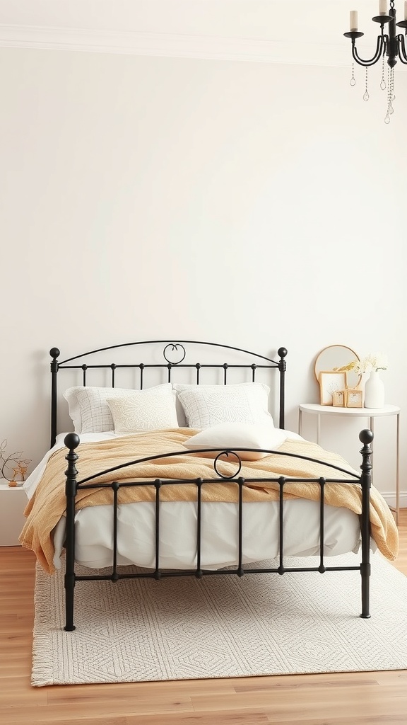 A cozy bedroom featuring a black iron bed frame with soft pastel bedding and decor.