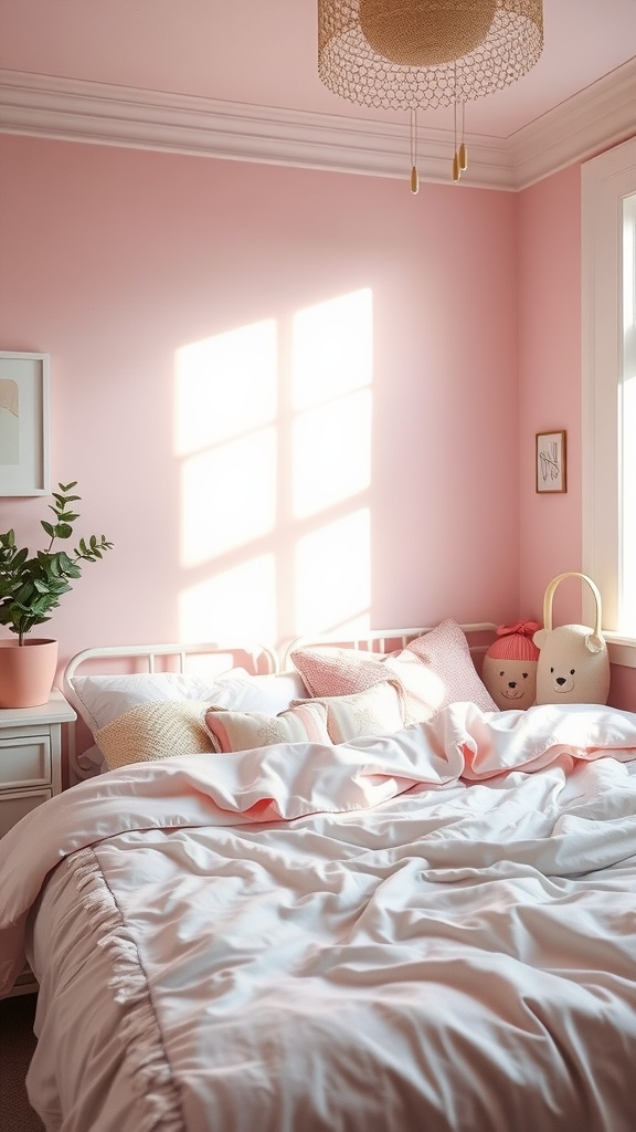A cozy girl's bedroom with soft pink walls, a bed with fluffy pillows, and natural light streaming in.