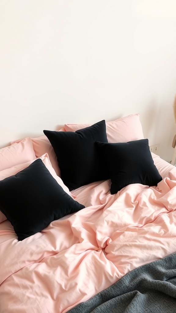 Soft pink bedding with black pillows on a bed