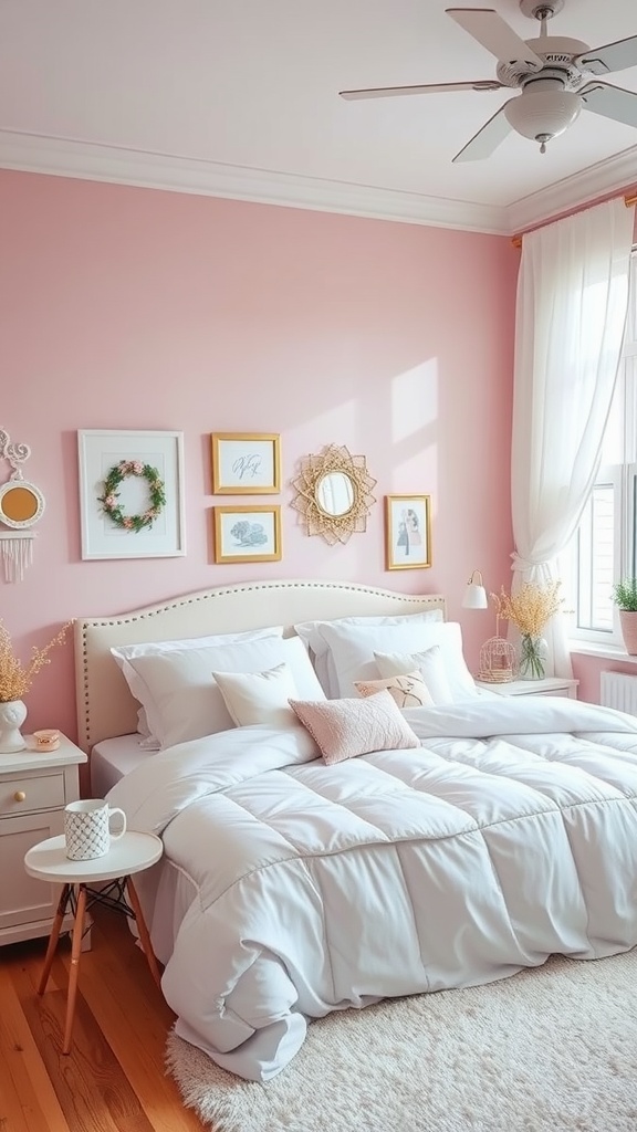 A girly pink bedroom featuring soft pink walls, white bedding, and decorative accents