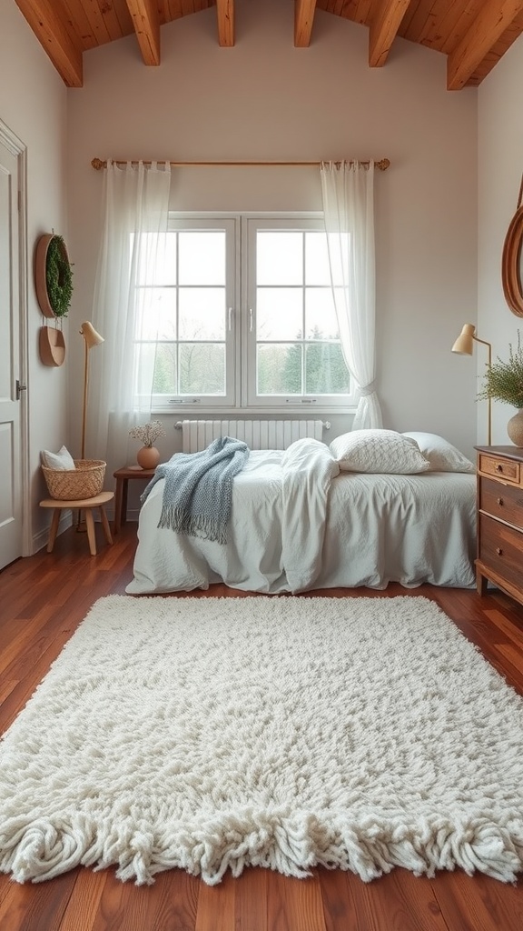 Cozy bedroom with a soft, fluffy rug on wooden flooring, featuring a bed and natural light from the window.