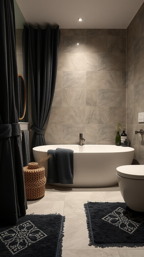 A dark bathroom featuring plush textiles including towels and rugs, with a cozy atmosphere.