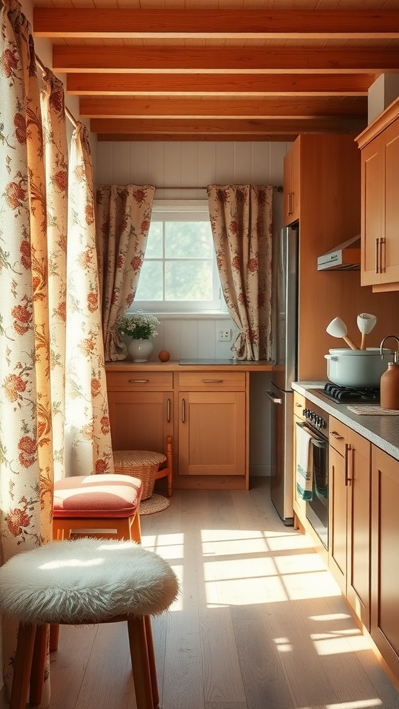 A cozy kitchen with floral curtains, wooden cabinets, and soft seating.