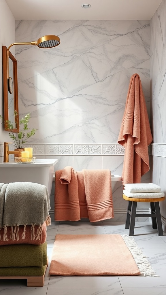A clean bathroom featuring soft textiles and linens, including stacked towels in warm colors and a stylish bath mat.