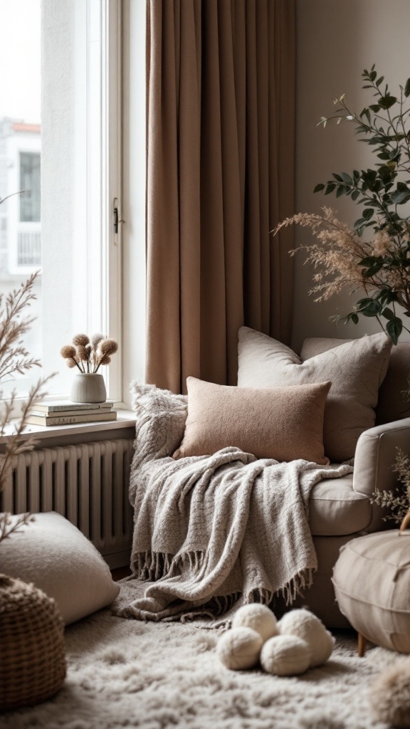 Cozy kitchen nook with soft cushions and textiles