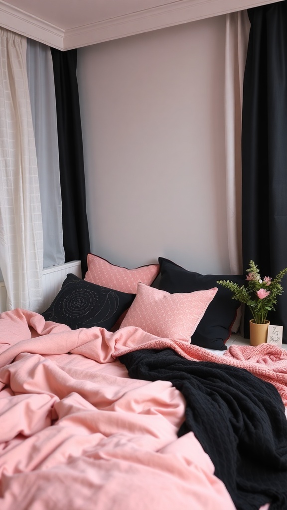 A cozy pink and black bedroom featuring soft textiles, including a pink bedspread, black pillows, and decorative plants.