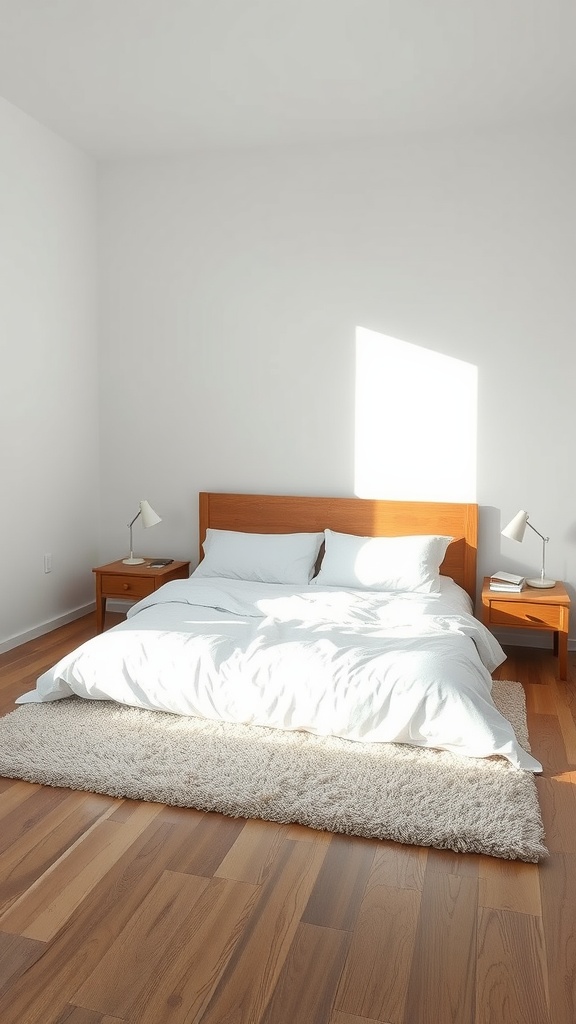 A minimal bedroom featuring a large fluffy rug under the bed, wooden flooring, and soft bedding.