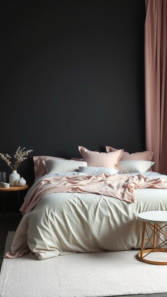 A cozy black bedroom with pastel-colored bedding and decor