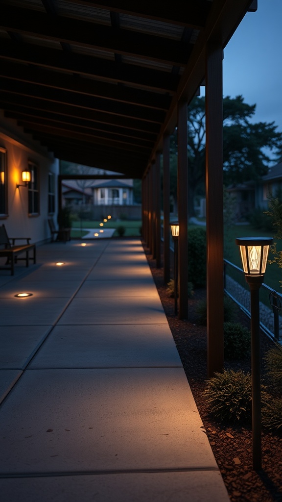 A well-lit path with solar-powered lights along a covered patio.