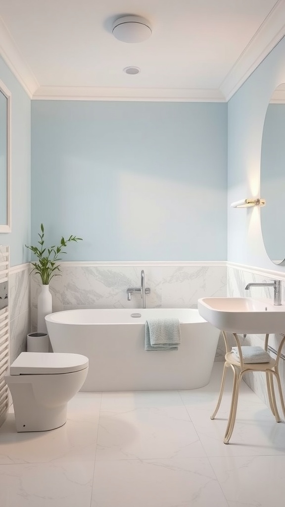 A luxurious bathroom with soft blue walls, marble accents, a white bathtub, and elegant fixtures.