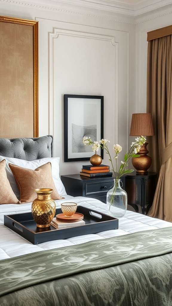 A classy bedroom featuring a stylish bed with a green throw, elegant accessories on the bedside table, and framed artwork on the wall.
