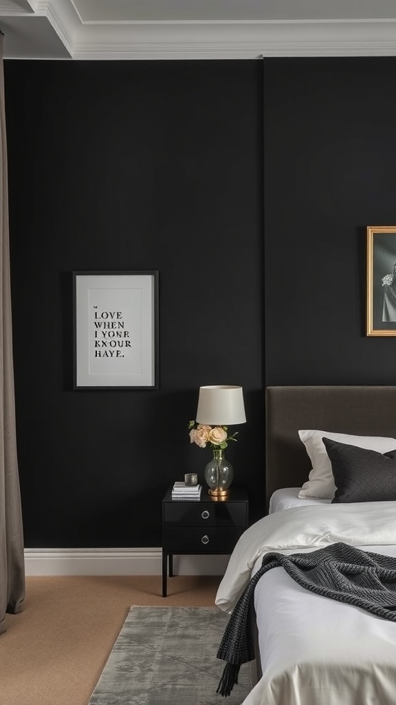 A sophisticated black accent wall in a bedroom with elegant decor.