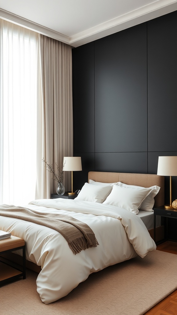 A stylish bedroom featuring a black accent wall, cream bedding, and warm lighting.