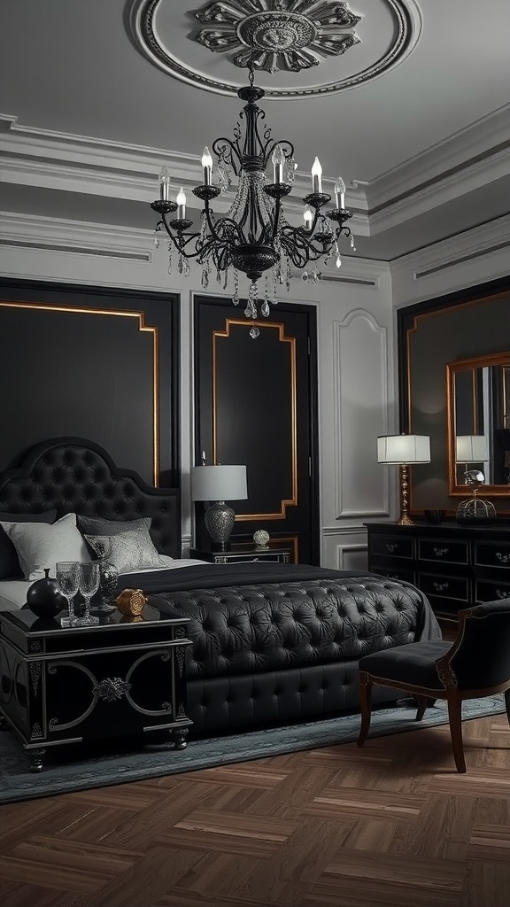 A sophisticated black and silver themed bedroom featuring a tufted black bed, elegant chandelier, and stylish furniture.