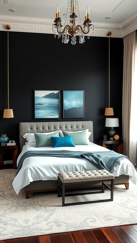 A stylish bedroom featuring a black accent wall, teal accents, and elegant decor.