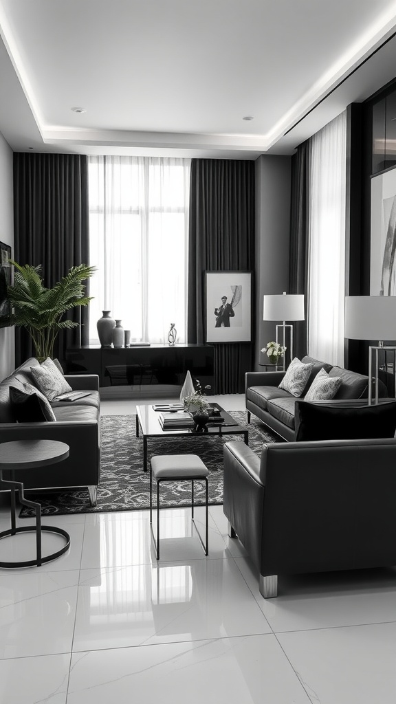 A sophisticated black and white living room featuring sleek furniture, elegant decor, and ample natural light.