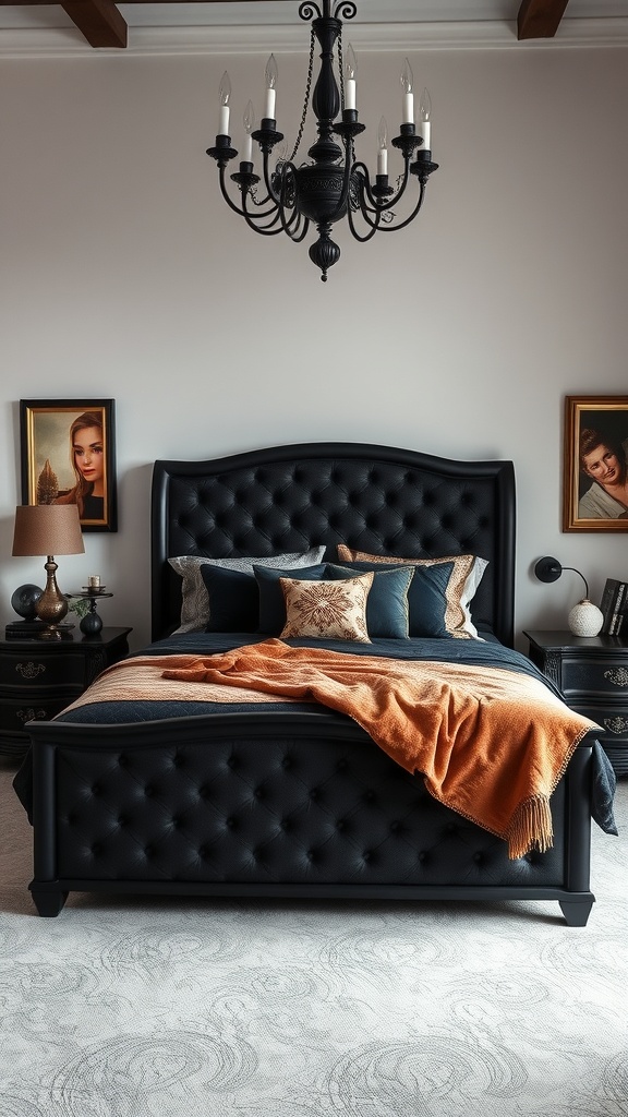 A sophisticated black bed with tufted design, rich textiles, and warm accents in a stylish bedroom.