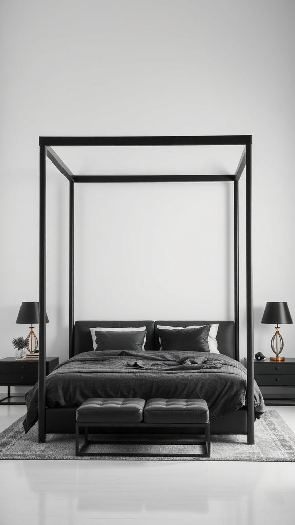 A modern black canopy bed with gray bedding and stylish lamps in a minimalist bedroom