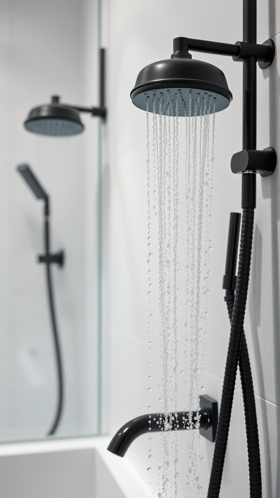 Image of a modern black shower fixture with water cascading down