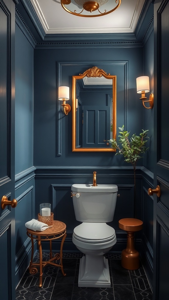 A royal bathroom aesthetic featuring navy walls, gold accents, and elegant decor.