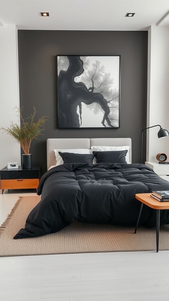 A modern bedroom featuring a black comforter, minimalist decor, and a potted plant.