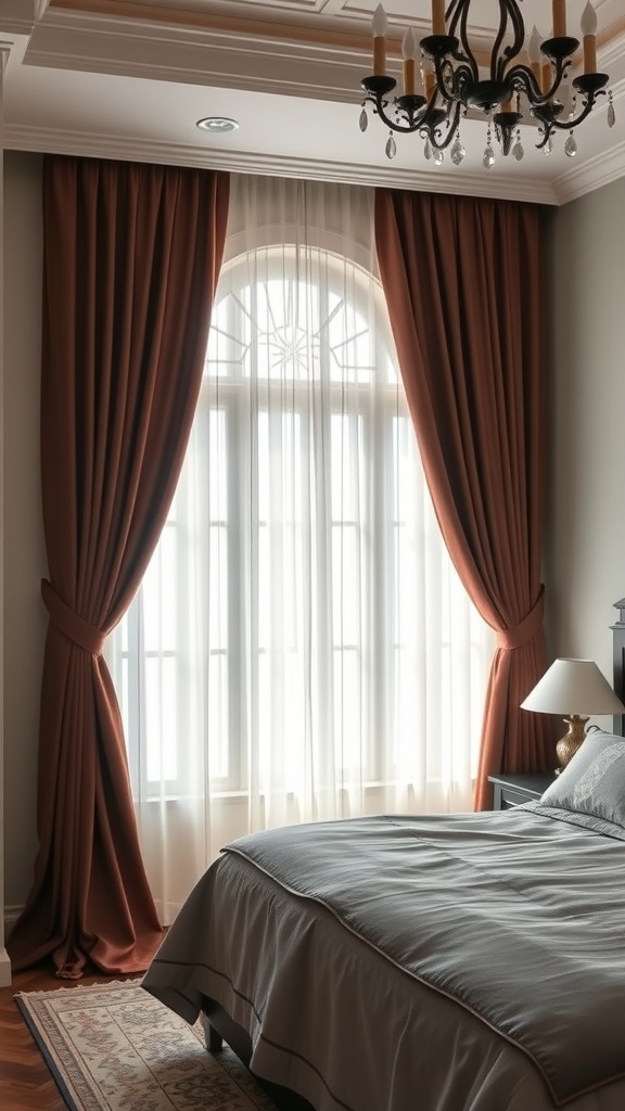A bedroom with brown and black curtains framing a large window, featuring a cozy bed and elegant decor.