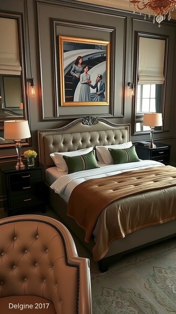 A classy bedroom featuring a plush bed, elegant nightstands, stylish lamps, and a beautiful piece of art on the wall.