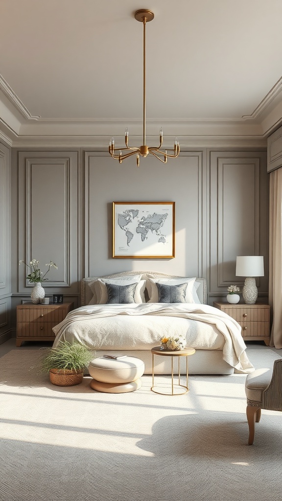 A stylish gray and beige bedroom featuring elegant decor and natural light.