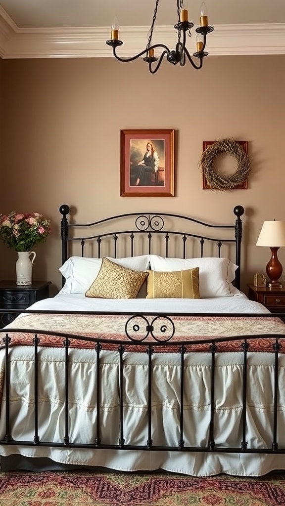 A sophisticated guest room featuring a black iron bed frame, layered bedding, decorative pillows, and tasteful wall decor.