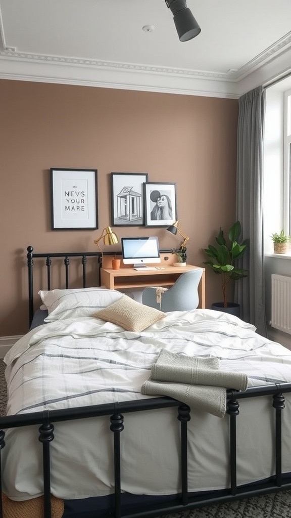 A cozy bedroom with a black bedframe and a home office setup, featuring a desk and chair.