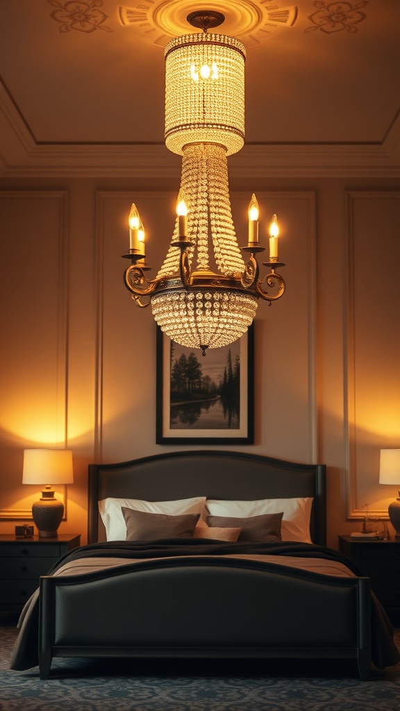 A classy bedroom with a chandelier and matching bedside lamps, creating a warm and inviting atmosphere.