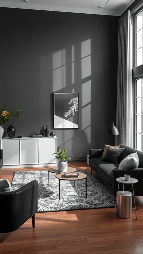 Sophisticated black living room with dark walls, modern furniture, and natural light.