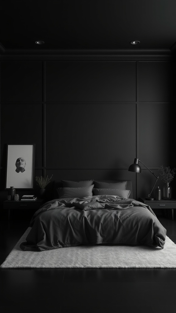 A sophisticated monochrome black bedroom featuring a dark bed, black walls, and modern decor.