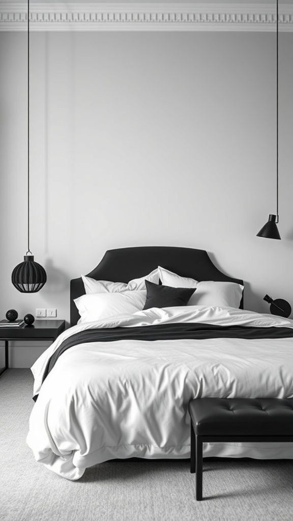 A modern bedroom featuring a black headboard, white bedding, and stylish pendant lights.